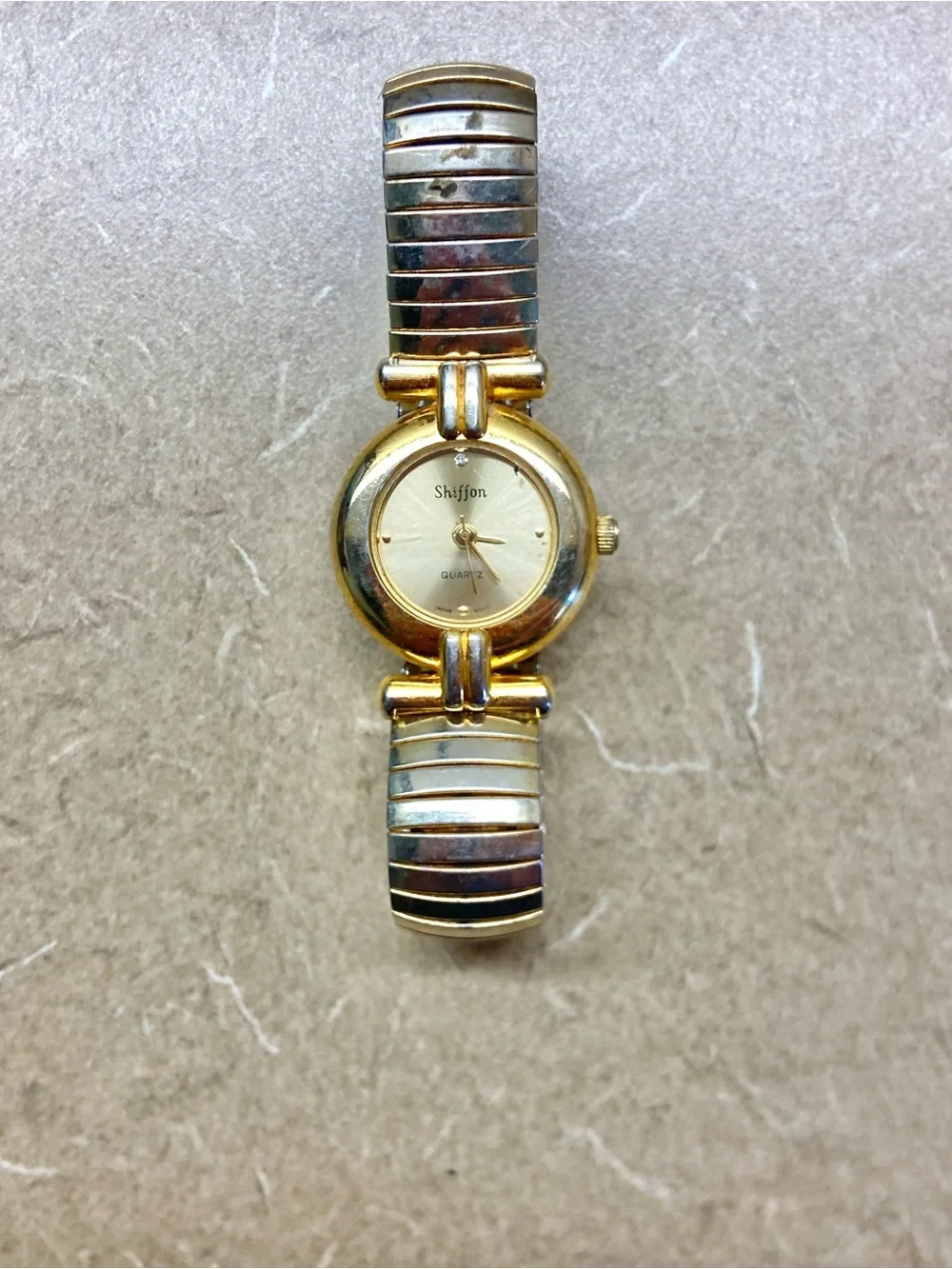 Shiffon Two-Tone Gold and Silver Women's Stretch Bracelet Watch